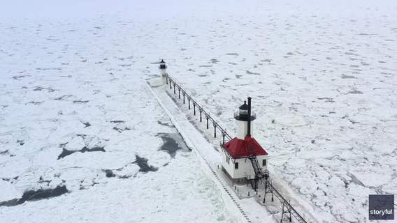 Watch: Drone video shows ice-covered Lake Michigan